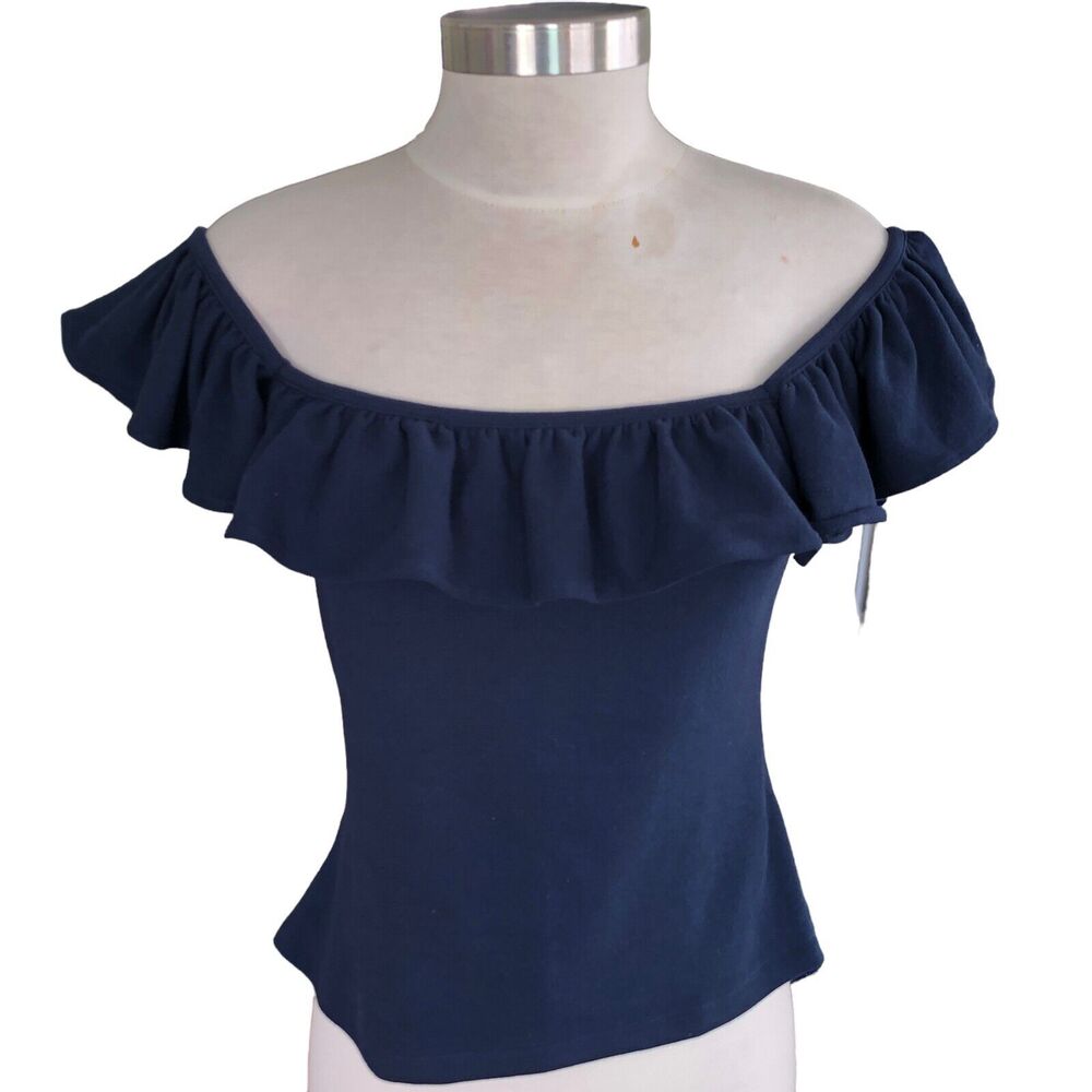 ANTHROPOLOGIE MAEVE Women L Royal Blue Stretch Off The Shoulder Ruffle Crop Top